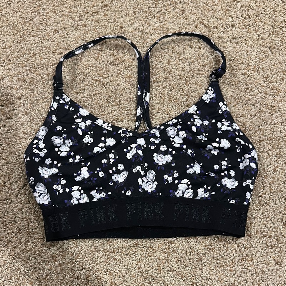 PINK Victoria's Secret Black and White Sports Bra with Floral Design